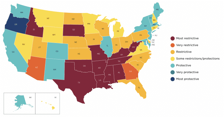 Map of abortion restrictions across the US ranked from most restrictive to most protective