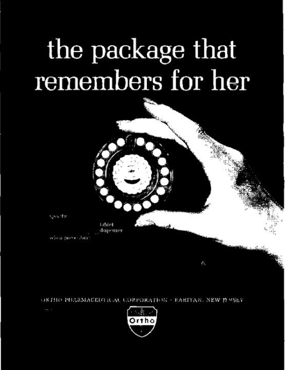 Black and white ad for the ortho dialpak birth control. "the package that remembers for her"